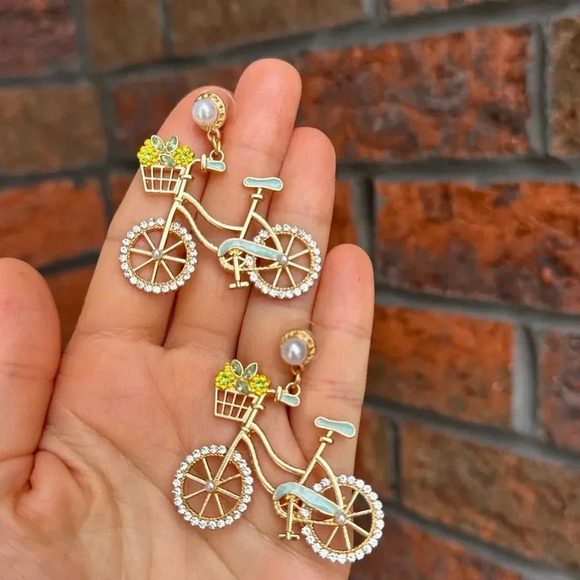 Anthropologie Blue Sweet Flowers Bicycle Crystal Earrings - Picture 11 of 11
